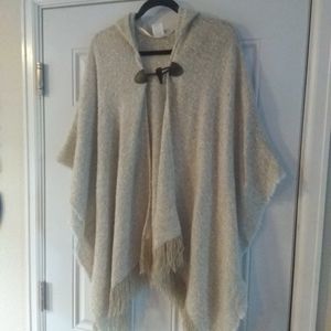Natural Combo Hooded Beige/Tan Knit Poncho w/ Fringe  One Size
